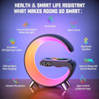 Smart Table Lamp with 4-in-1 Wireless Charger, Night Light, Bluetooth Speaker, Alarm Clock, App Control, Office, Bedroom, Home Decor (Black)