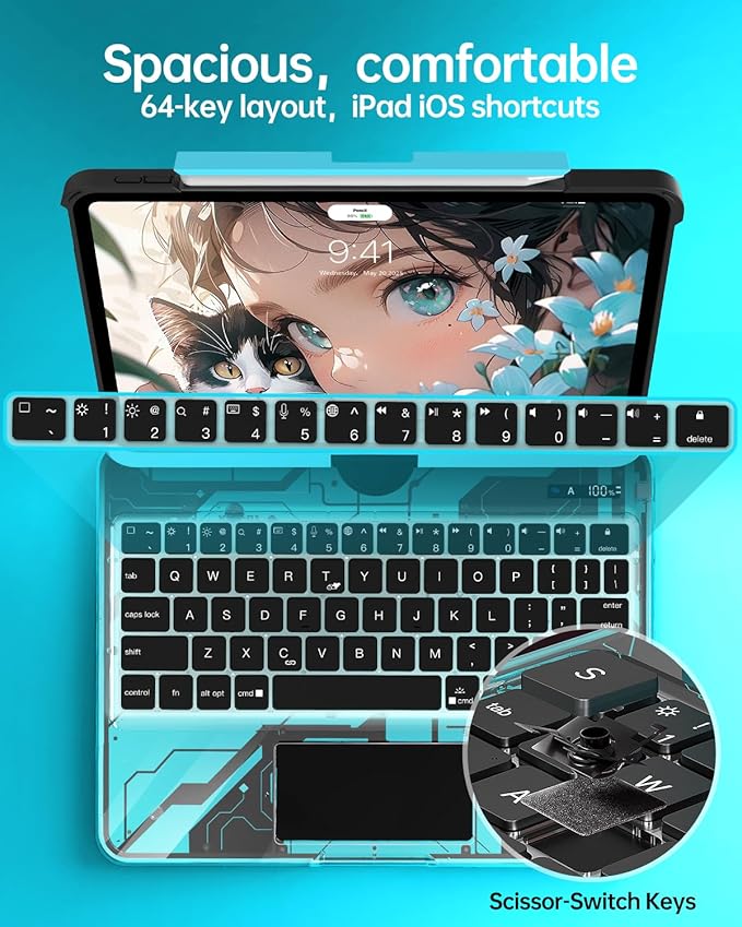 Intermerge Clear Keyboard Case for iPad Pro 11" (M4) 2024 Only, 360° Swivel Multi-Touch Trackpad, 7-Color RGB Backlit, Pencil Holder, Type-C, Power Indicator, Aqua Pulse