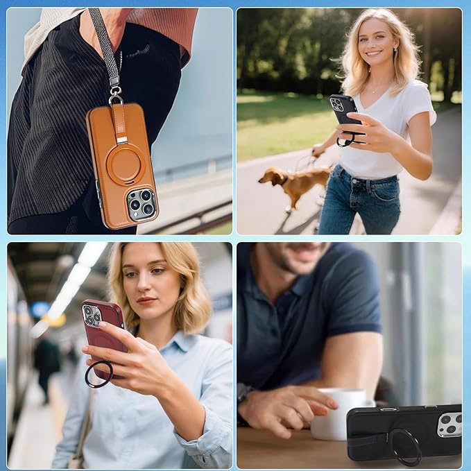 Leather Case, Suitable for iPhone 15 Pro Max Case, Invisible Magnetic Design, Equipped with a Lanyard and Foldable Stand, Black, Yellow and red (Black, iPhone 15 Pro Max)