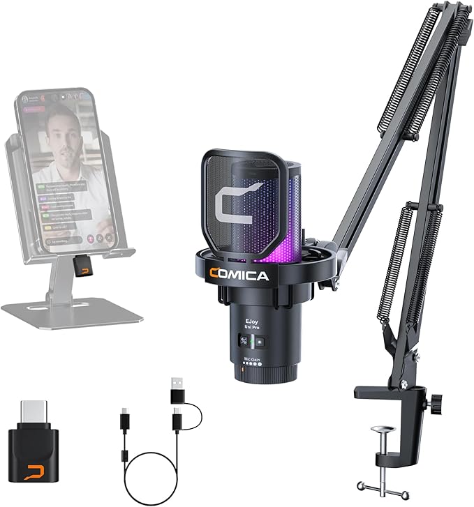 Comica EJoy Uni Pro Wireless USB Condenser Gaming for PC, PS4, PS5, USB C Phone and Mac, Boom Arm RGB Computer Mic for Twitch, Streaming, Podcasting, Noise Cancellation Mic with Mute, Gain, Monitoring