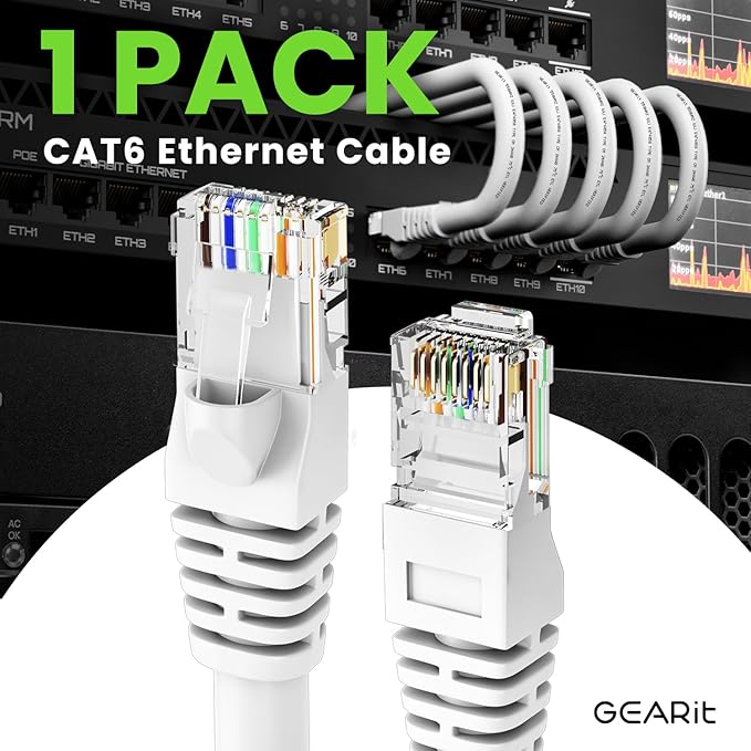 GEARit Cat 6 Ethernet Cable (1-Pack 5 Feet) Cat6 Network Patch, 10Gbps, RJ45, Snagless Cord, Gold-Plated Connectors, Internet for PC, TV, Tablet, Router, Printer, Servers, IT Data Center - White