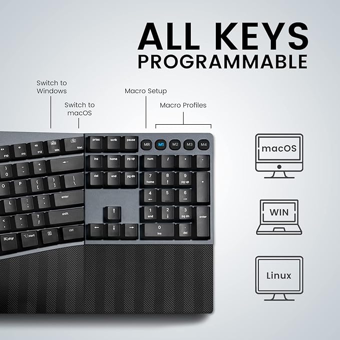 Perixx PERIBOARD-535RD Wired Ergonomic Mechanical Split Keyboard - Low-Profile Red Linear Switches - Programmable Feature with Macro Keys - Compatible with Windows and Mac OS X - US English, Black