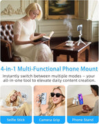 CloudValley Magnetic 4-in-1 Multifunctional Selfie Stick Tripod, Mini Portable Pocket Phone Stand with Detachable Remote, Compatible with MagSafe, for iPhone/Android, Travel Vlog, Live Stream, White