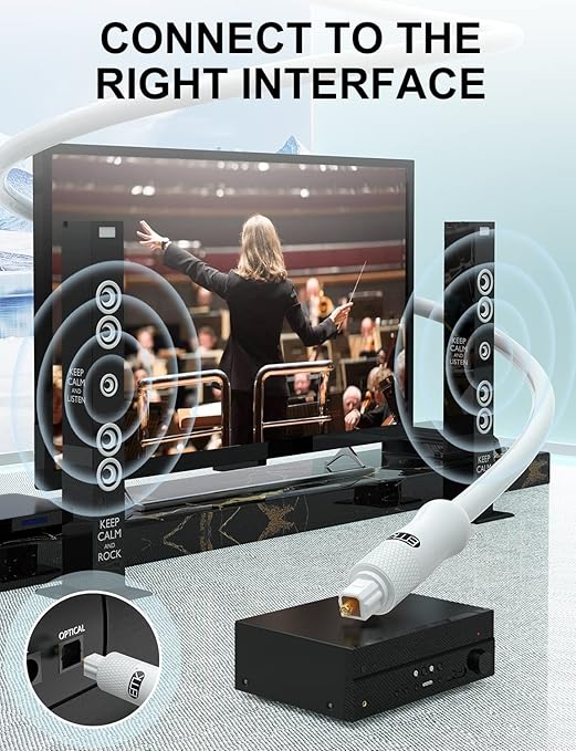 EMK White Optical Audio Cable [24ft/7.6M] - Digital SPDIF Toslink Fiber Optic Cable for Sound Bar, TV, Home Theater, Blu-ray Player - White, High-Speed, Low-Loss, Gold-Plated Connectors