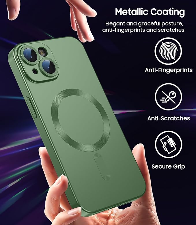 Magnetic for iPhone 14 Plus Case [Compatible with MagSafe][Built-in Camera Lens Protector] Slim Soft Silicone Bumper Shockproof Metallic Luster Phone Case (Green)