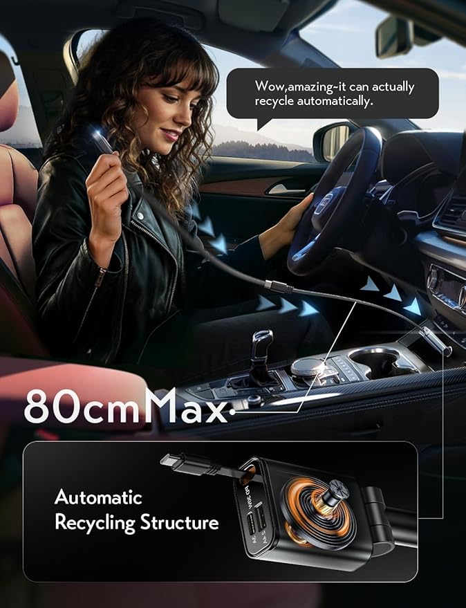 LISEN Car Charger USB C Fast Charging Retractable,【75% Less,Ultra Mini】 57W Fast iPhone 16/15 USBC Type C Car Charger Retractable for iPhone 16e 16 15 Pro Max Plus，Samsung Galaxy S25/24，Android,Black