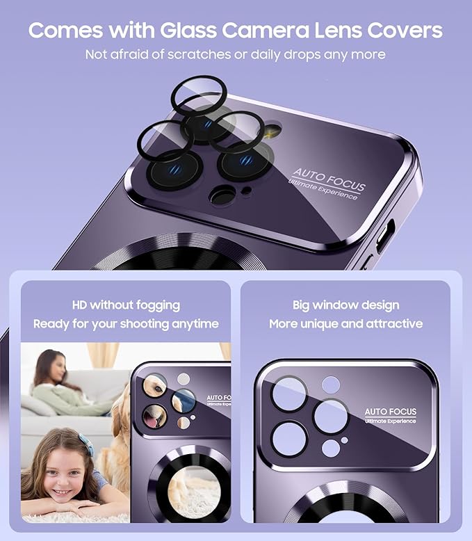 Magnetic for iPhone 13 Pro Case, Built-in Camera Lens Protector, Compatible with MagSafe, Logo View, Military Grade Protective Phone Cover, Purple