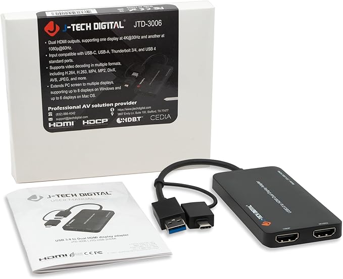 J-Tech Digital USB C to HDMI Adapter 4K 30Hz 1080P 60Hz, Dual Monitor Adapter USB-A or USB-C in, USB Powered, Mirror Extend Rotation Clamshell Modes [JTD-USB-2HDMI]