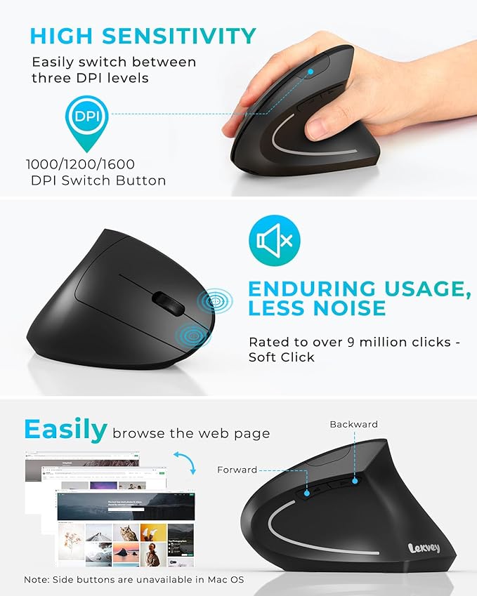 Lekvey Ergonomic Mouse, Vertical Wireless Mouse: Rechargeable Optical Carpal Tunnel Mice with 2.4G USB Receiver, 1000/1200 / 1600 DPI, 6 Buttons, for Laptop, Computer, PC, Desktop, Notebook, Black