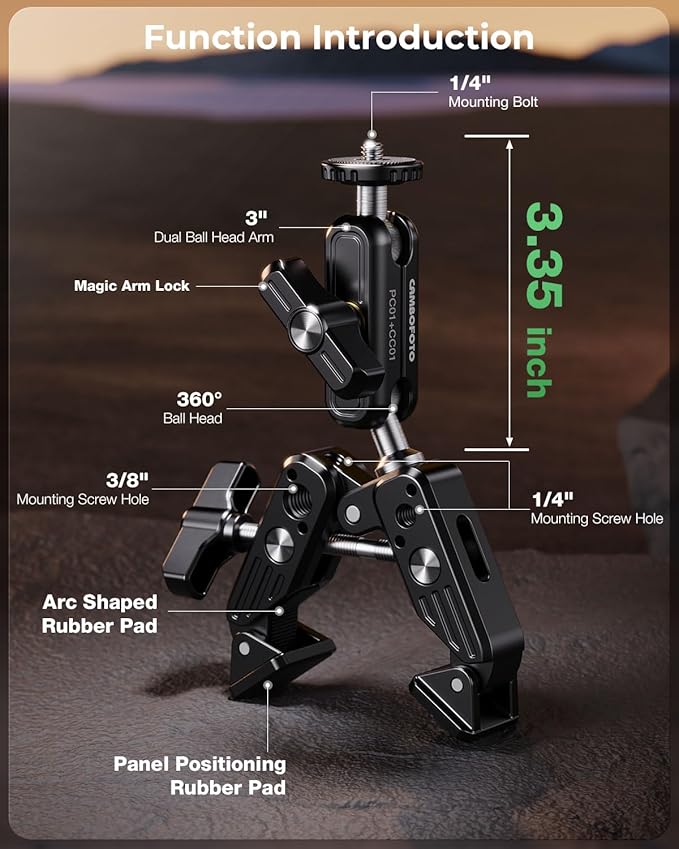 Super Clamp Camera Mount, 360° Dual Ballhead Magic Arm, 1/4"-20 & 3/8"-16 Threads, Super Clamp Kit for Phone/LED Lights/DSLR Camera/Gopro/Ronin-M/MOVI/Insta360/Tripod/Desk