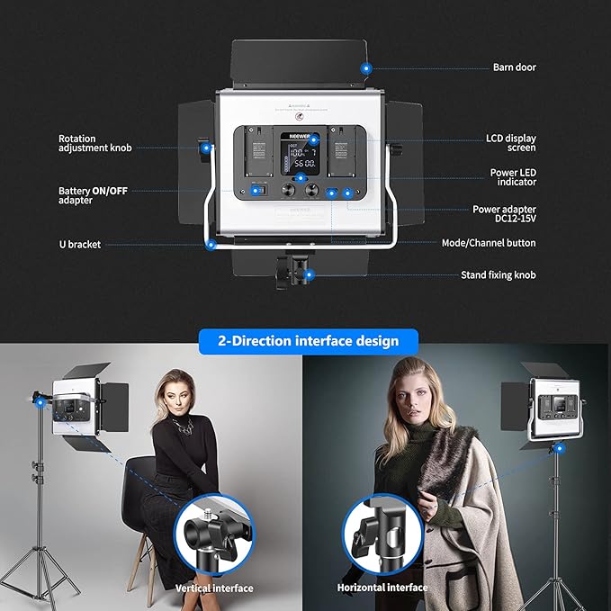 NEEWER 2 Packs 480 RGB Led Light with APP Control, Photography Video Lighting Kit with Stands and Bag, 480 SMD LEDs CRI95/3200K-5600K/Brightness 0-100%/0-360 Adjustable Colors/9 Applicable Scenes