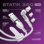 Statik 360 Pro Magnetic Charging Cable - Type C Charger Fast Charging 3 in 1 USB C to USB C Cable, Micro USB & iProduct Tips, USB A Adapter, Compatible w/All Devices - 100W Fast Charger, White 6FT/2M