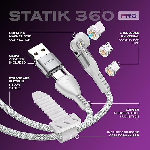 Statik 360 Pro Magnetic Charging Cable - Type C Charger Fast Charging 3 in 1 USB C to USB C Cable, Micro USB & iProduct Tips, USB A Adapter, Compatible w/All Devices - 100W Fast Charger, White 6FT/2M