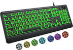 Large Print Keyboard - 7 Interchangeable Backlight Colors, Light Up USB Wired Computer Keyboards, USB Plug-and-Play, Foldable Stands, Corded Full Size Keyboard for Windows, PC, Laptop