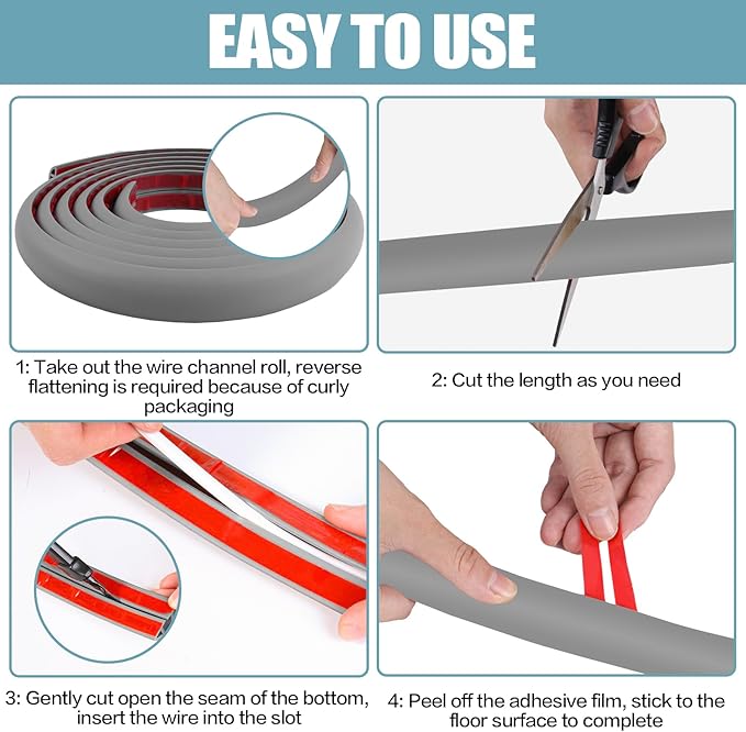 Floor Cord Cover Self Adhesive Cord Hider,3.3FT Cable Management, Extension Strip Protector for Wires, Prevent Cable Trips for Offices, Gyms, Exhibitions Cavity:0.39"(W) x 0.27"(H) Gray