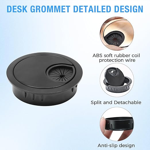 Desk Grommet 3-1/8" (80 mm), Desk Cord Hole Cover, Cable Grommet Metal Zinc Alloy Materilal, Desk Hole Grommet for Office and Home Table Cable, Detachable Cable Cord Organizer (Flat Black 2 Pcs)