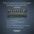 NETGEAR 8 Port PoE Gigabit Ethernet Easy Smart Managed Essentials Switch (GS308EP) - with 8 x PoE+ @ 62W, Desktop or Wall Mount