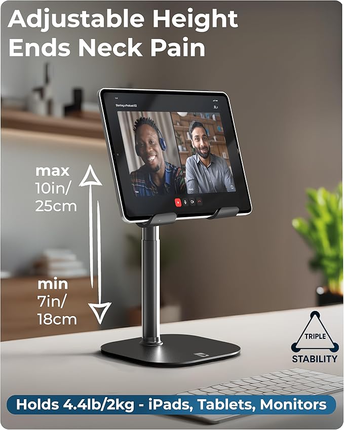 COOPER TabHolder, 7-10" Height Adjustable Tablet Stand, Premium iPad Stand for Desk, 270° Tilt Portable Monitor Holder for 15.6-17" Displays, for All iPad, Kindle, Surface, Samsung Tablets (Black)