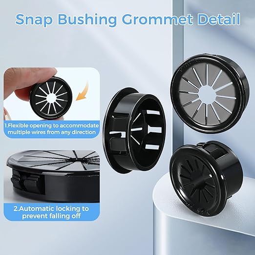 25 Pcs Cable Grommet, Snap Bushing 7/8" (22 mm) Mounting Diameter, Flexible Petal-Shaped Buckle Round Nylon Desk Grommet for Wires Through Countertop Cord Organizer and Protection, Black