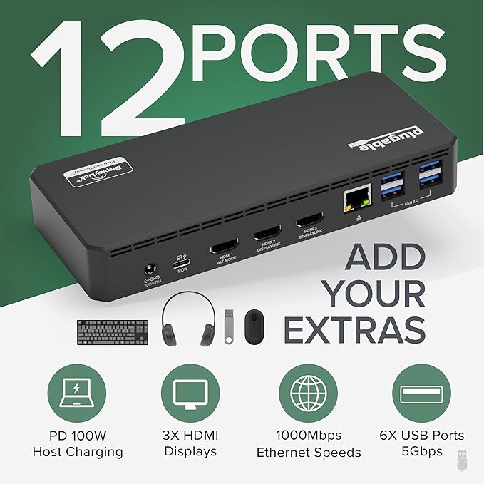 Plugable USB C Triple Display Docking Station with Laptop Charging, for Thunderbolt, USB4, or USB-C Systems, Compatible with Windows, macOS, ChromeOS laptops (3X HDMI, 6X USB 5Gbps Ports, 100W PD)