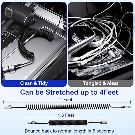 USB to USB-C and Lightning Cable Combo, 2 in 1 Coiled iPhone Charger Cable Apple Carplay & Android Auto, [MFi & 3A Fast Charge] Retractable Lightning and USB C Cable Cord for iPhone 16/15/14/Android