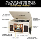 Victrola Navigator 8-in-1 Bluetooth Record Player with Built-in Speakers – 3 Speed Turntable, CD Player, Cassette, FM Radio, USB, RCA Out, Headphone Jack, Wireless Music Streaming, Real Wood (White)