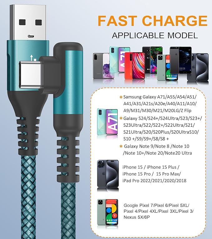 sweguard USB Type C Charger Cable Right Angle [2-Pack,3.3FT] iPhone 15 Charger Nylon Braided Cord for iPhone 16 15 Pro Max Samsung Galaxy S25 S24 S23 S22 S21 S20 S10 S9 Note A15 A55 Flip Pixel LG Moto
