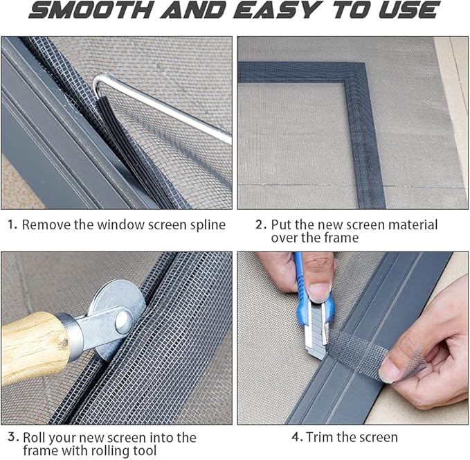 Screen Repair Kit Easy DIY Project 36" x 90" Fiberglass Screen Mesh with Rolling Tool and Screen Retainer Spline Screen Replacement kit for Windows Sliding Doors and Patio Screens (36" x 90", Gray)