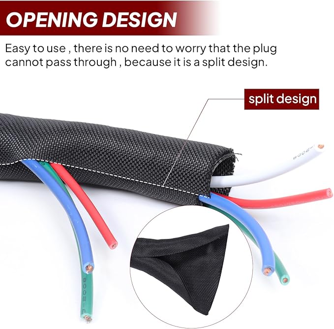 Black Braided Cable Management Sleeves Wire Loom Tubing Cord Protector Self-Wrapping (1/2"-12Feet)