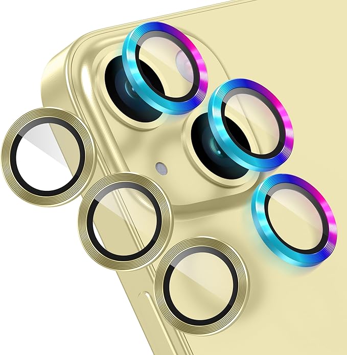 AGVEE 3+3 6 Pack for iPhone 15 6.1" / 15 Plus 6.7" Camera Lens Cover Protector, Metal Ring 9H Tempered HD Glass Camera Cover Protector Film, Yellow
