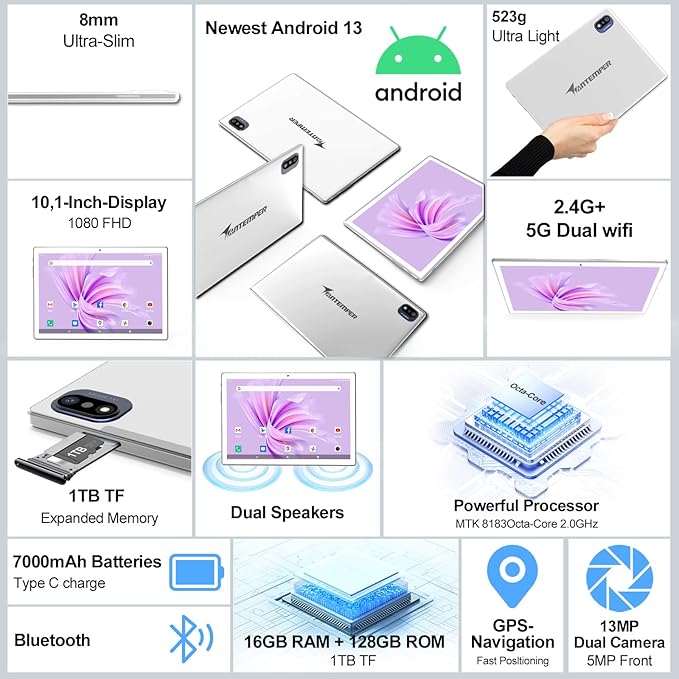 ANTEMPER Latest Android Tablet 10.1 Inch, 5G WiFi Tablets Mit 16GB RAM+128GB ROM(1TB TF),2 in 1 Tablet with Keyboard Mouse Pen-Octa-Core2.0Ghz | 7000mAh | 1080FHD | 13MP Camera | WLAN GPS -Silvery