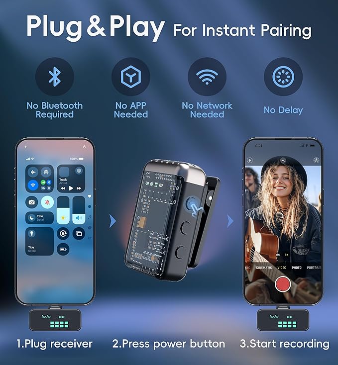 Microphone for iPhone with Charging Case Mini Microphone Wireless Lavalier USB C Lapel Mic Clip on Mic for iPhone, iPad, Android for Video Recording, Vlog, YouTube, TikTok