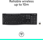 Logitech K270 Wireless Keyboard for Windows, 2.4 GHz Wireless, Full-Size, Number Pad, 8 Multimedia Keys, 2-Year Battery Life, Compatible with PC, Laptop, Black