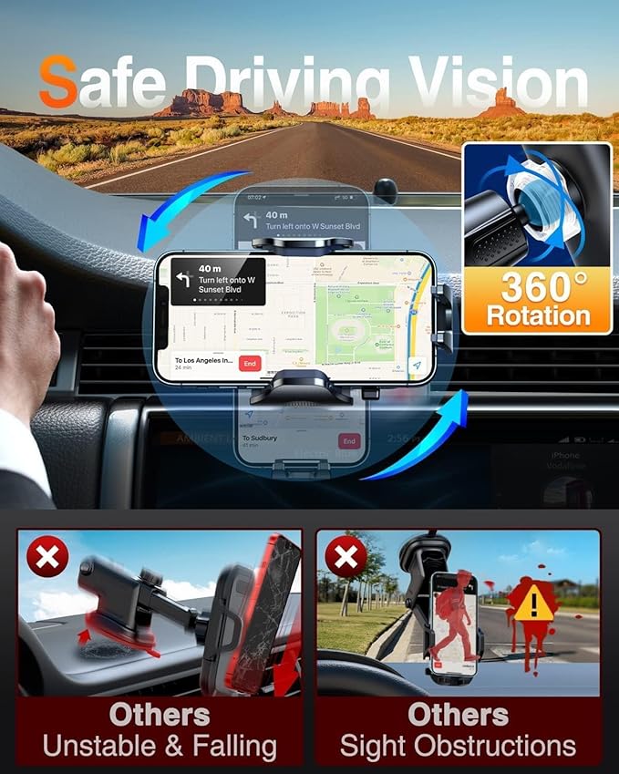 VANMASS Car Phone Holder Mount 2025 Upgraded [Patent Steel-Hook] Car Vent Phone Mount Clip Military-Grade Shockproof Cell Phone Car Mount Handsfree Truck Stand Vent Cradle for iPhone 16 Android,Black
