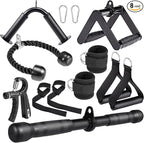 10-in-1 Cable Machine Attachments Set for Gym - Includes Tricep Rope, V-Bar, Straight Bar, D-Handle, Ankle/Wrist Straps, Storage Bag - Compatible with LAT Pulldown & Home Gym Cable Machines