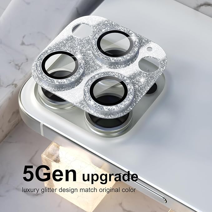 Choiche Compatible for iPhone 16 Pro/iPhone 16 Pro Max Camera Lens Protector, Bling Camera Cover with 9H Tempered Glass Lens Screen Protector Metal Ring Decoration Accessories (Glitter-Silver)
