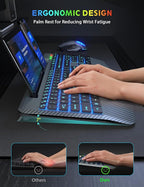 Wireless Keyboard and Mouse Backlits, Wrist Rest, Jiggler Mouse, Rechargeable Ergonomic Keyboard with Phone Holder, Silent Light Up Combo for Computer, Mac, PC, Laptop, Chromebook (Bright Gray)
