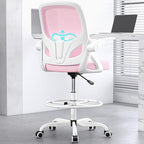 Tall Drafting Chair with Footrest Ring for Home and Work, Ergonomic Home Desk Office Chair with Flip up Arms and Lumbar Support, Extended Height Executive Desk Office Chair(Pink)
