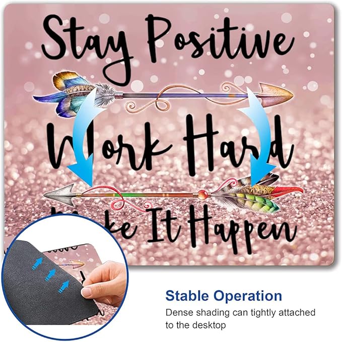 Inspirational Quotes Glitter Mouse Pad - Custom Design, Square Waterproof Non-Slip Rubber Base Mouse Pad for Office Laptop, Stay Positive Work Hard