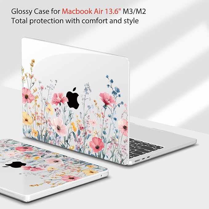 Teryeefi for MacBook Air 13.6 inch Case M4 A3240/M3 A3113/M2 A2681 (Released 2025 to 2022), Hard Shell + Keyboard Cover+ Screen Protector+Dustplug + Type-C Adapter, Wild Flowers A010