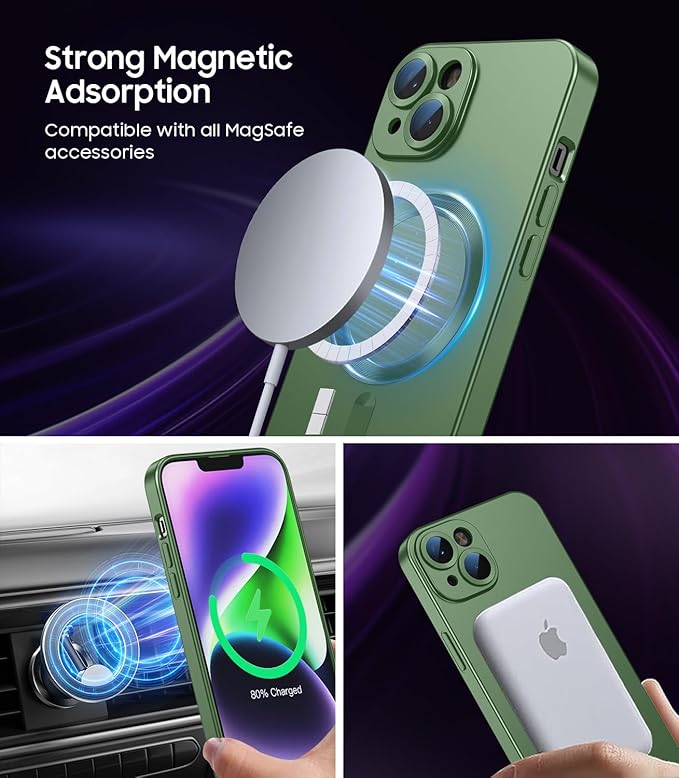 Magnetic for iPhone 14 Case [Compatible with MagSafe][Built-in Camera Lens Protector] Slim Soft Silicone Bumper Shockproof Metallic Luster Phone Case (Green)