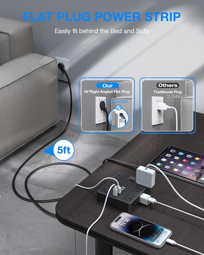 Extension Cord 25 Ft, HUNIAN Flat Plug Power Strip Surge Protector, 12 Widely Spaced Outlets with 6 USB Charger (2 USB C Ports), Desk Charging Station for Home Office Supplies, Dorm Room, Black