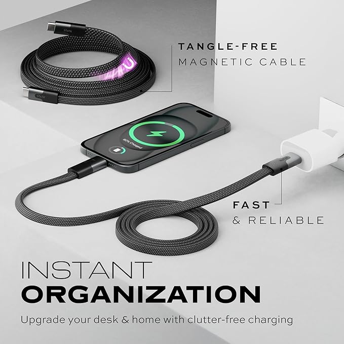 Statik MagStack USB C to USB C Cable, Magnetic Anti Tangle Flat Type C Charger Fast Charging Cord, Magnetic Charging Cable, Compatible with iPhone 16 Pro Max, 15, Galaxy S24 Ultra, 100W 6FT/2M