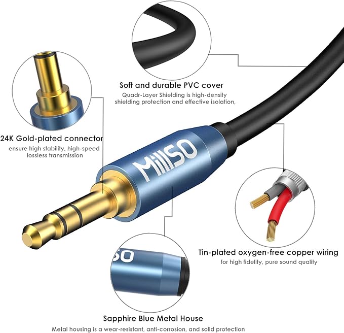 MillSO Audio Splitter, SapphireBlue&Gold-Plated 8 Feet 3.5mm Male to 2 Male Audio Splitter, TRS Stereo Jack Headphones Adapter Cable for Smartphone, Computer, Mp3, Earphone, Speakers