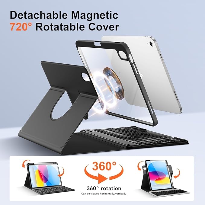 for iPad 11th 10th Generation Case with Keyboard, Magnetic 720° Rotatable Cover Detachable Wireless Bluetooth Backlit Keyboard with Pencil Holder for iPad 11 inch A16 2025 & 10.9 inch 2022 -Black
