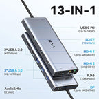 USB C Laptop Docking Station Dual Monitor HDMI for Dell/HP/Lenovo Laptop Type C Hub Multiport Adapter Dongle Dock,USB C to 2 HDMI+DisplayPort DP+Ethernet+100W USB C Power Charge Port+5USB+SD/TF+Audio