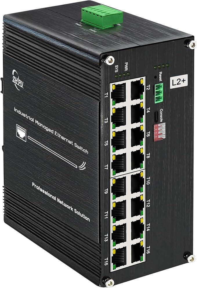Industrial L2+ Managed 16 Port PoE Ethernet Switch, Gigabit Networking Switch with IPv4/IPv6 Management and DIP Switch, Supporting Din-Rail