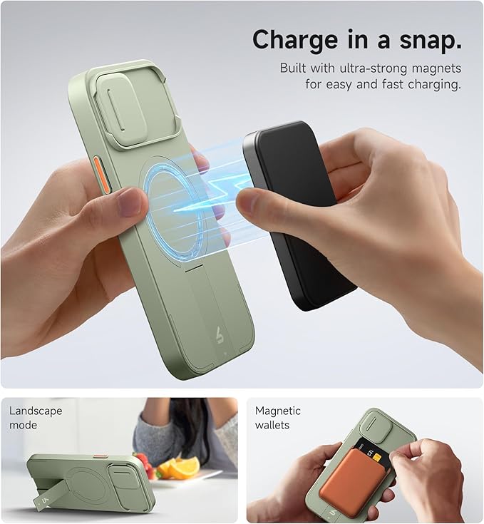 SURITCH for iPhone 12/12 Pro Case with Magnetic Camera Slide Cover and Adjustable Kickstand, Compatible with MagSafe, Shockproof Bumper Case Slim Protective Cover for iPhone 12/12 Pro 6.1 Inch, Green