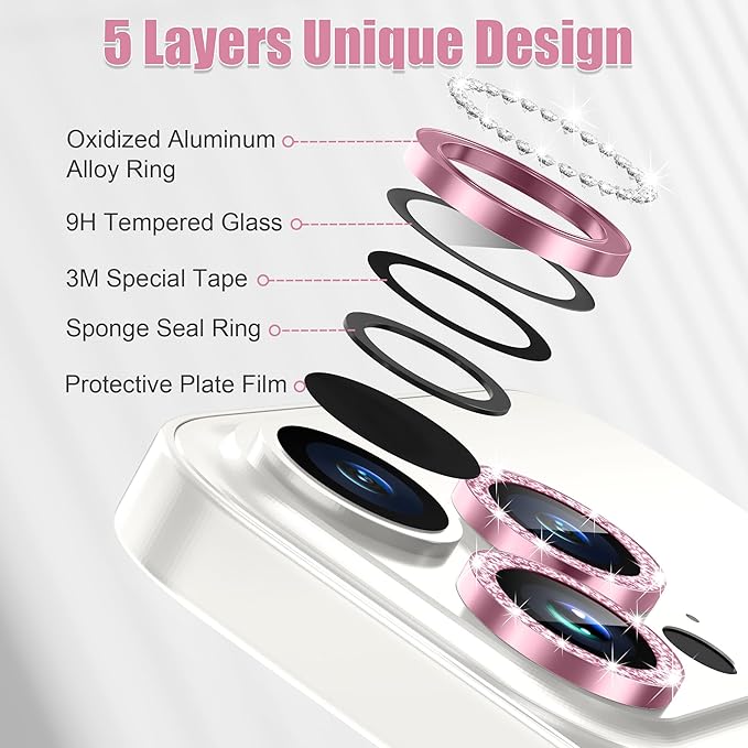 AGVEE 3+3 6 Pack for iPhone 15 Pro 6.1" / 15 Pro Max 6.7" Camera Lens Cover Protector, Bling Diamond & Bling Glitter Metal Ring 9H Tempered HD Glass Camera Cover Protector Film, Bling-Pink