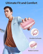 PocBuds Bluetooth Headphones Wireless Earbuds 80hrs Playtime Wireless Charging Case Digital Display Sport Ear Buds with Earhook Deep Bass IPX7 Waterproof Over-Ear Earphones for Phone Laptop Rose Gold